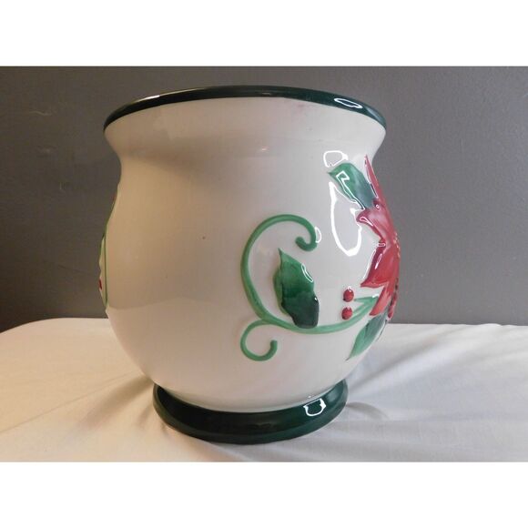 Christmas Poinsettia Ceramic Vintage Cookie Jar NO LID 7 1/2"T x 6 3/4"W - Picture 4 of 7